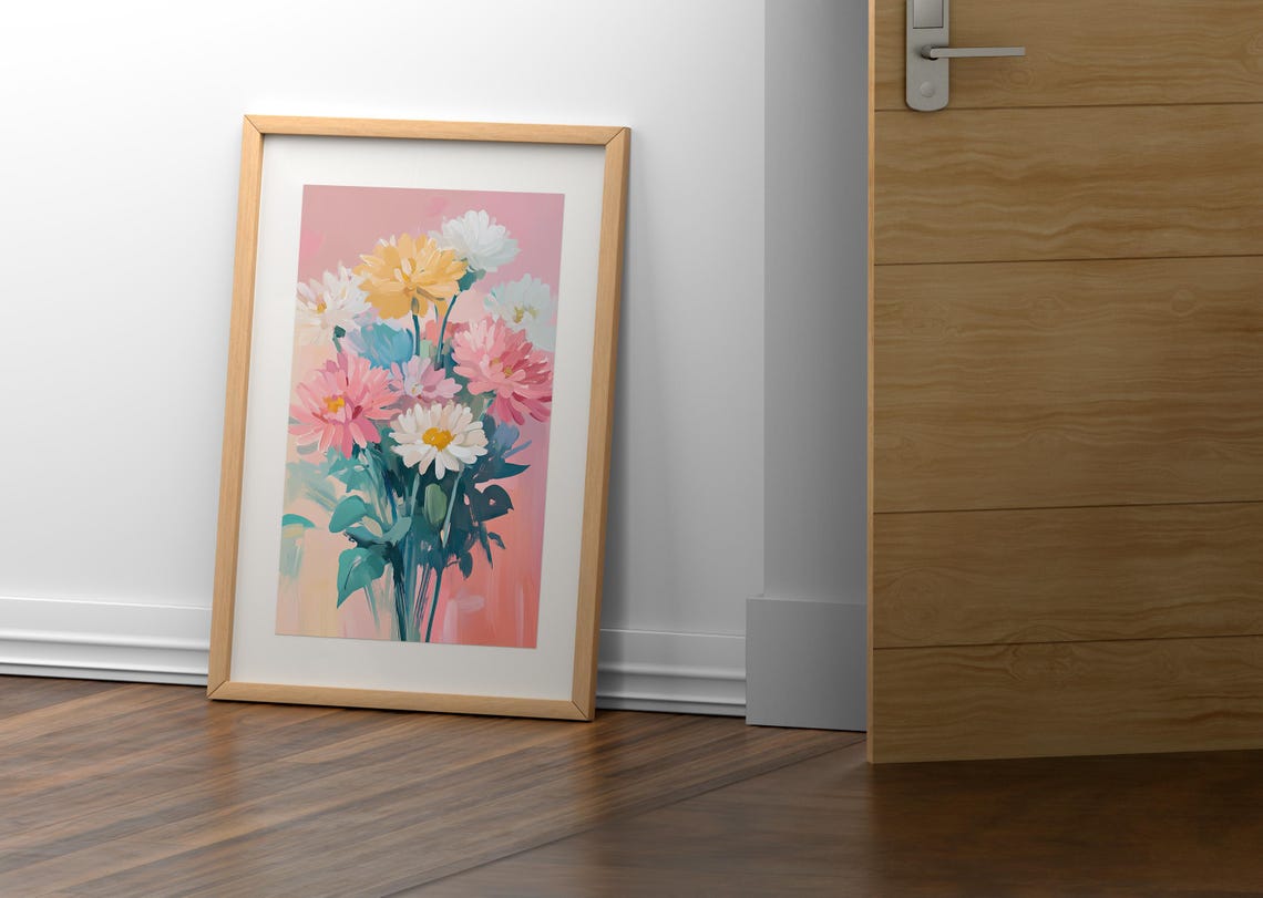 Pink White Yellow Chrysanthemum Bouquet Blush Background Floral Poster - Image 2