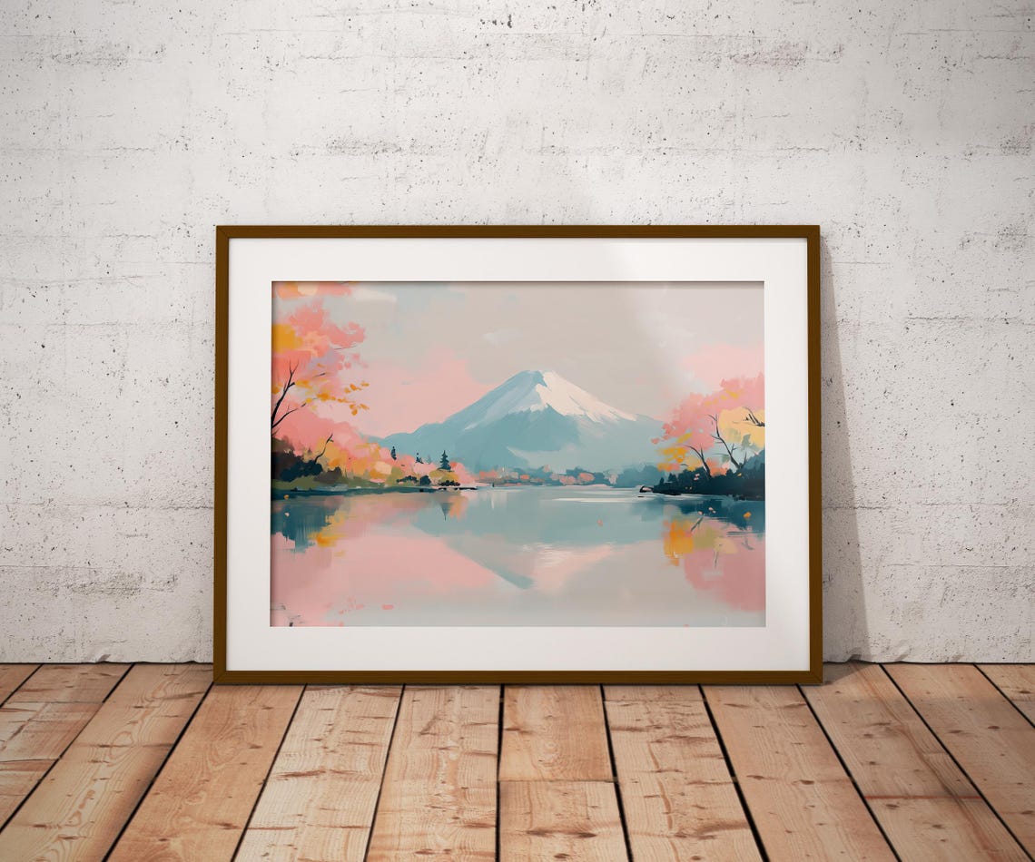 Mount Fuji Reflected In Calm Lake Autumn Trees Pastel Travel Poster - Image 4