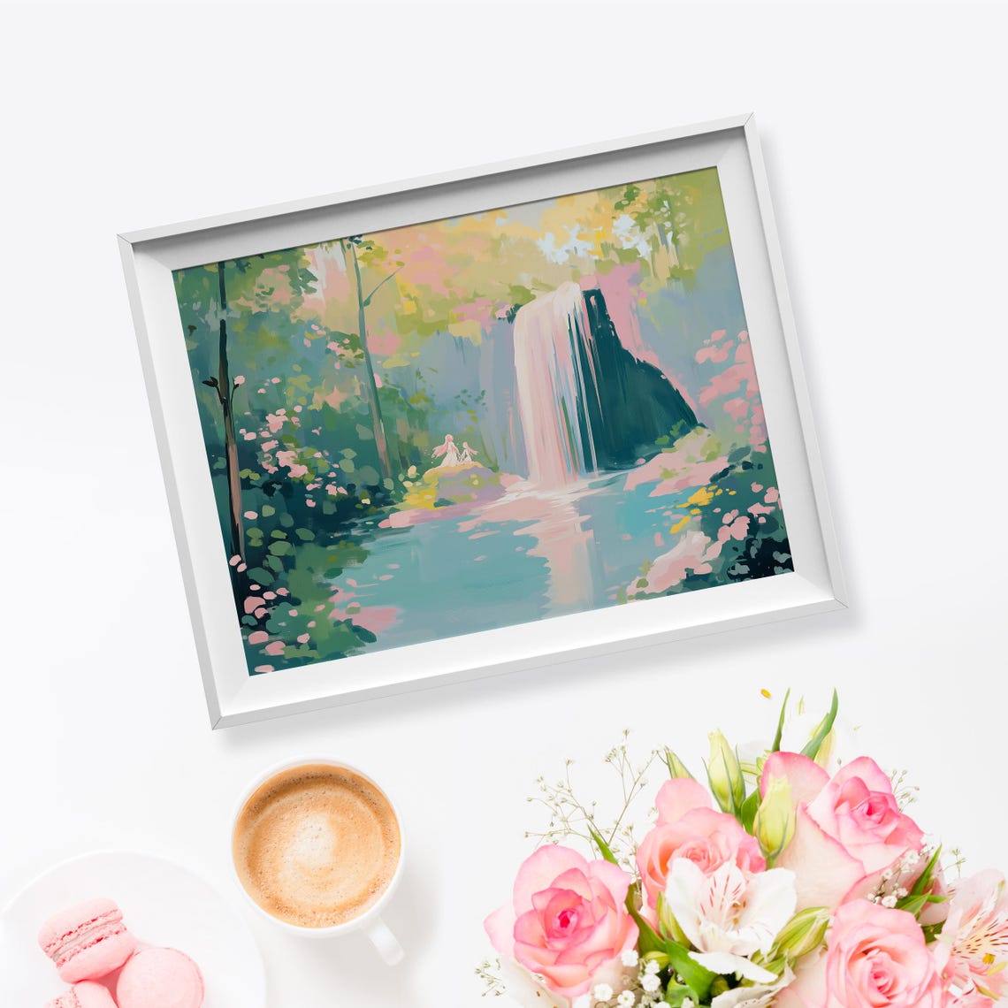 Forest Waterfall Pink Blossoms Fairy Pond Dreamy Nature Art Print - Image 5