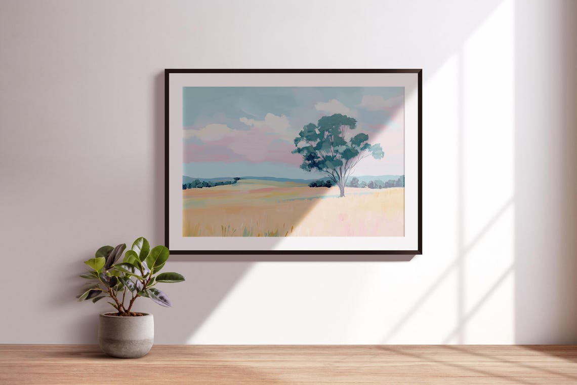 Golden Grass Field Lone Eucalyptus Tree Pink Sky Outback Art Poster - Image 3