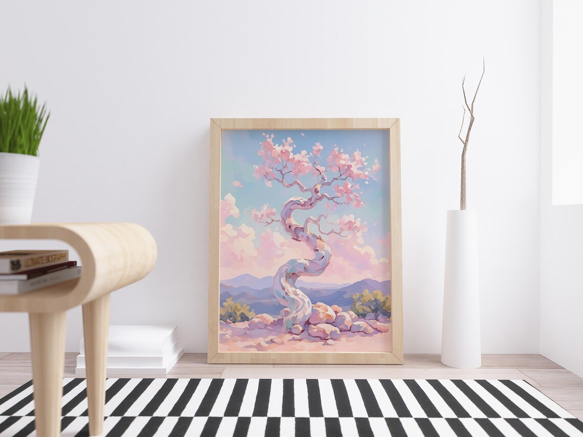 Twisted Cherry Blossom Bonsai Pink Flowers Purple Mountains Art Poster - Image 4