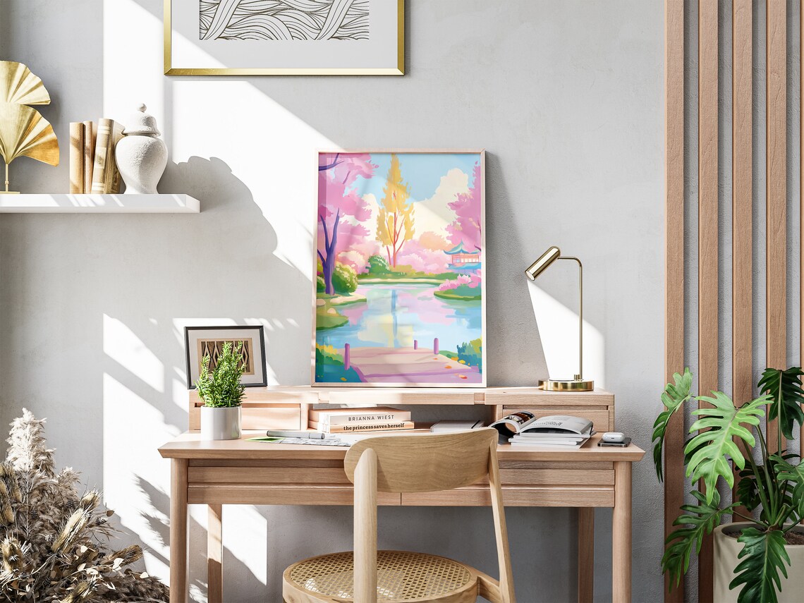 Colorful Lakeside Garden with Pagoda Cherry Blossom Pond Art Poster Print - Image 2