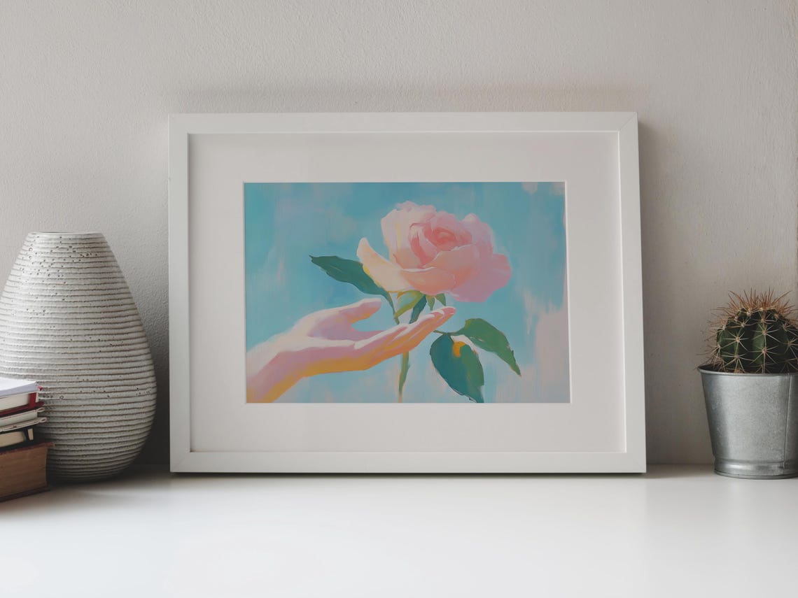 Hand Touching Pink Rose Pastel Painting Turquoise Sky Floral Wall Art - Image 4
