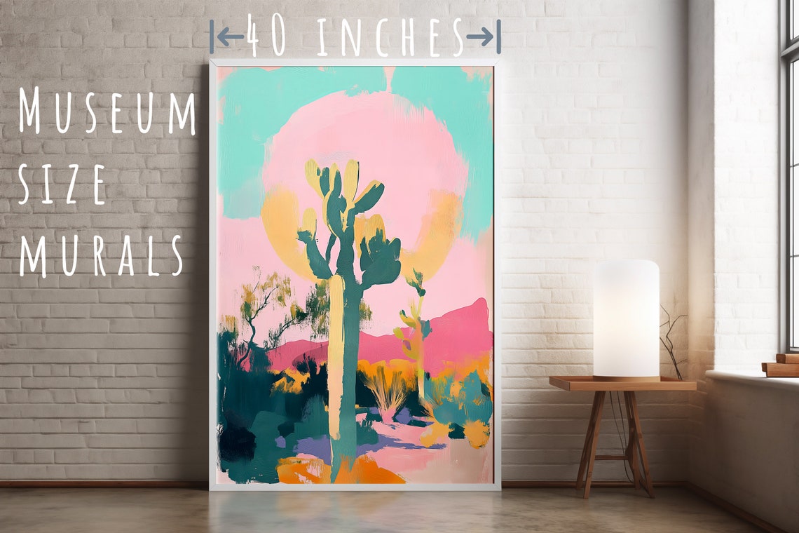 Desert Cactus Under Giant Pink Moon Pastel Night Wall Art Print - Image 5