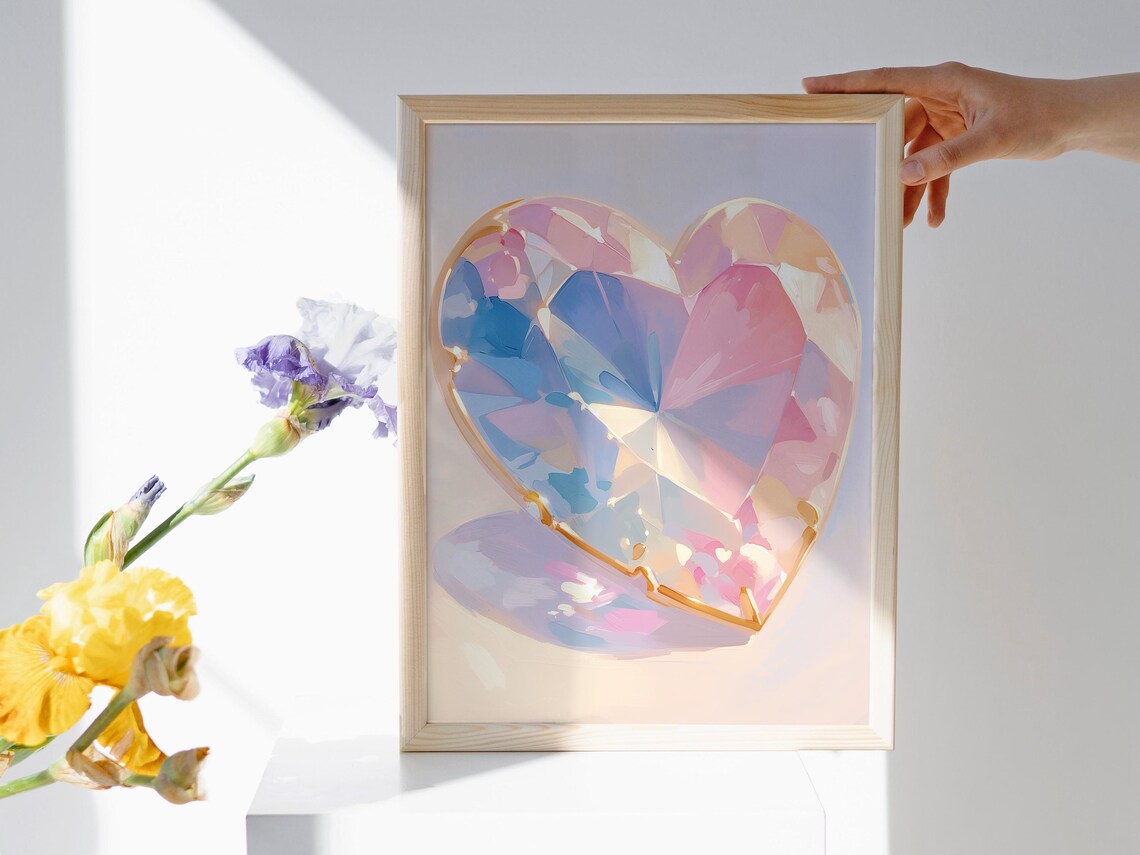 Heart Shaped Faceted Crystal Iridescent Pink Blue Gemstone Art Poster - Image 2