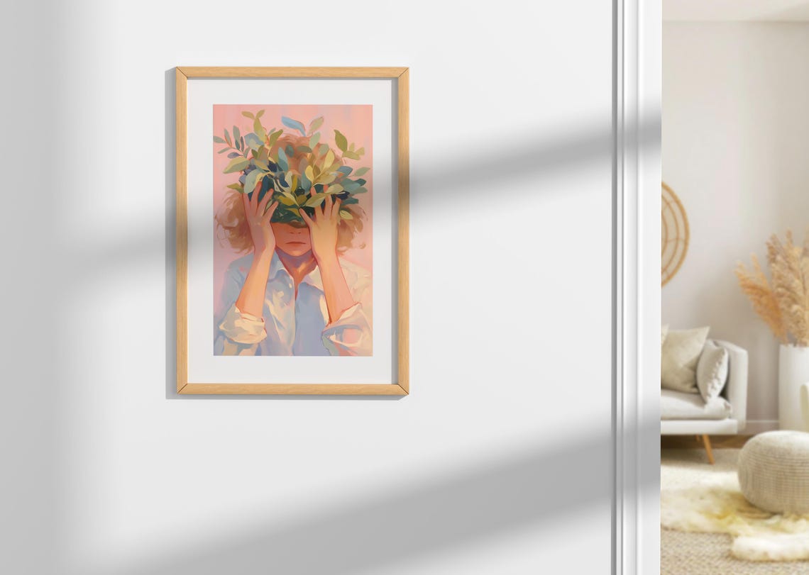 Woman Holding Leafy Branches Over Her Face Blush Pink Art Poster - Image 2