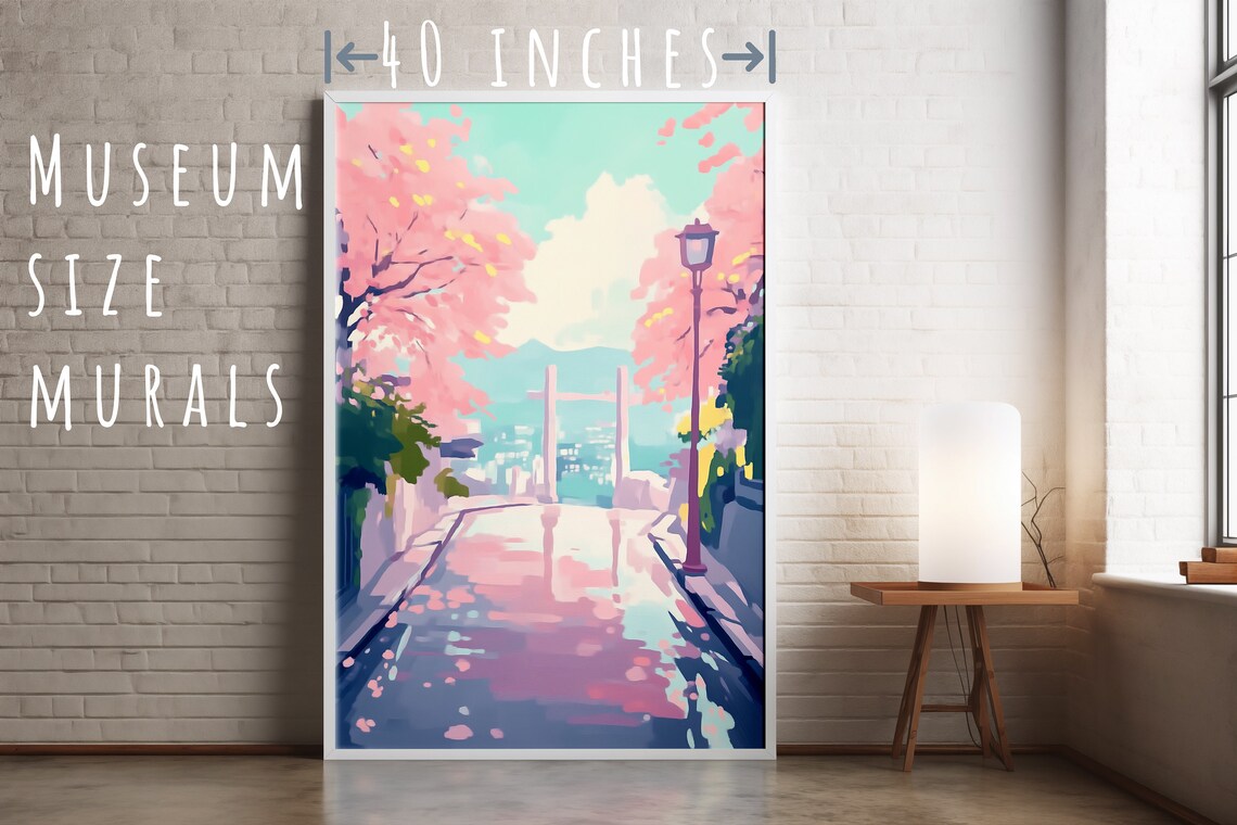 Cherry Blossom Street Leading to Water Vintage Lamp Art Poster - Image 5