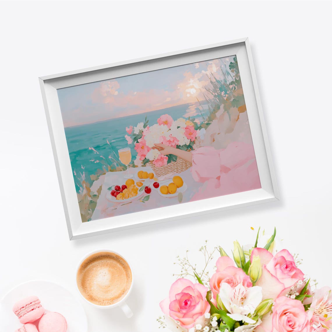Coastal Picnic Hydrangea Basket Fruit Ocean View Pastel Art Poster - Image 5