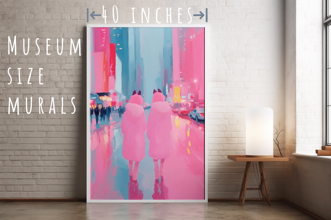 Two Girls In Pink Coats Neon City Night Rain Walk Art Poster - Image 5