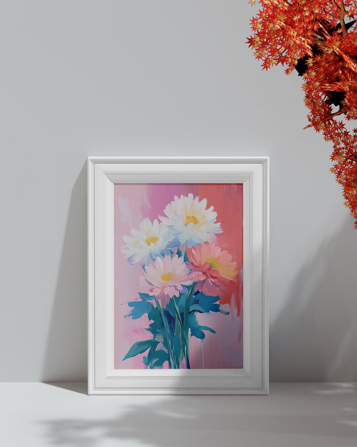 White Chrysanthemum Bloom Pastel Floral Painting Pink Background Poster - Image 4