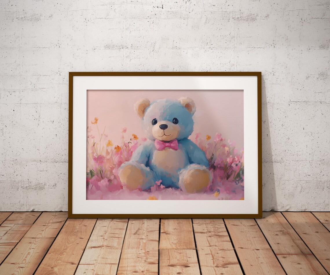 Blue Plush Teddy Bear Pink Bow Tie Wildflower Field Nursery Kids Wall Art - Image 2