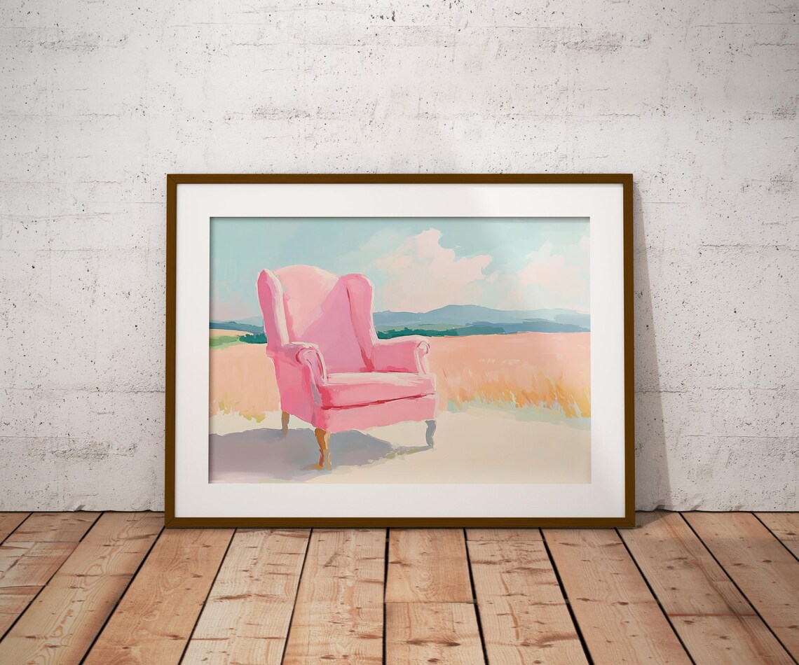 Pink Wingback Armchair in Golden Meadow Pastel Reading Nook Wall Poster - Image 4