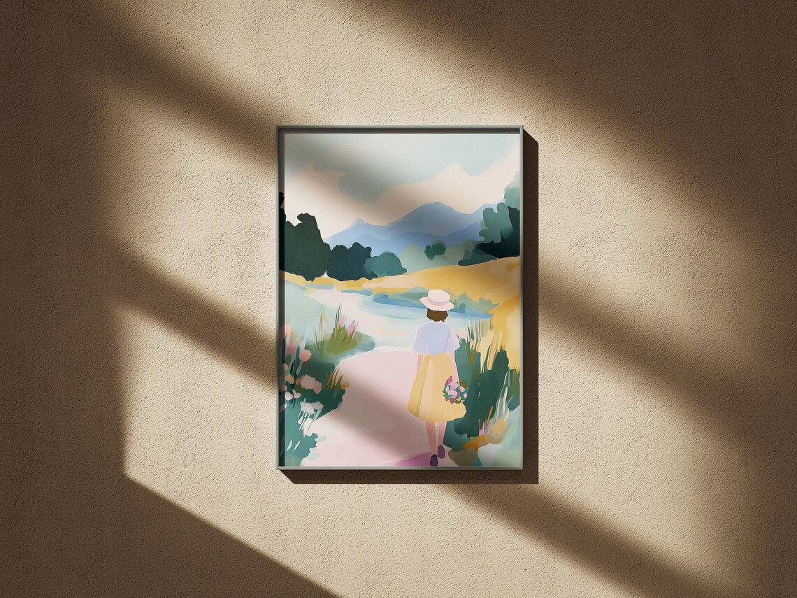 Girl in Sun Hat Walking Meadow Path by Blue Mountain Lake Pastel Poster - Image 4