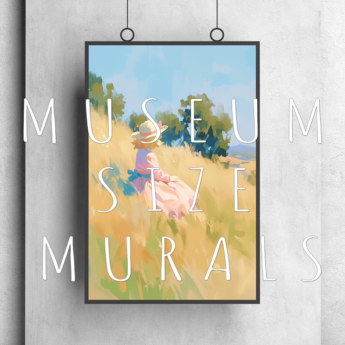 Girl Straw Hat Pink Ribbon Golden Wheat Meadow Blue Sky Watercolor Wall Art - Image 3