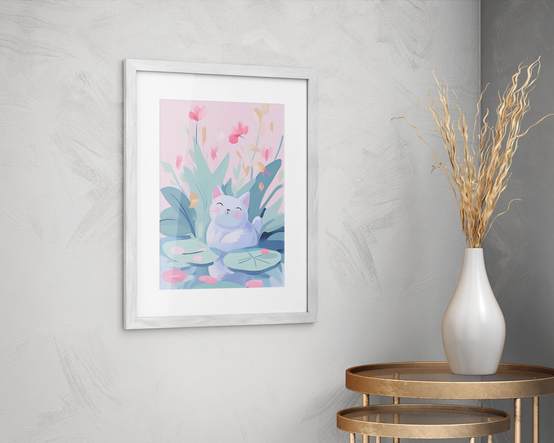 Cute White Cat on Lily Pads Pink Flowers Kawaii Wall Art Print - Image 2