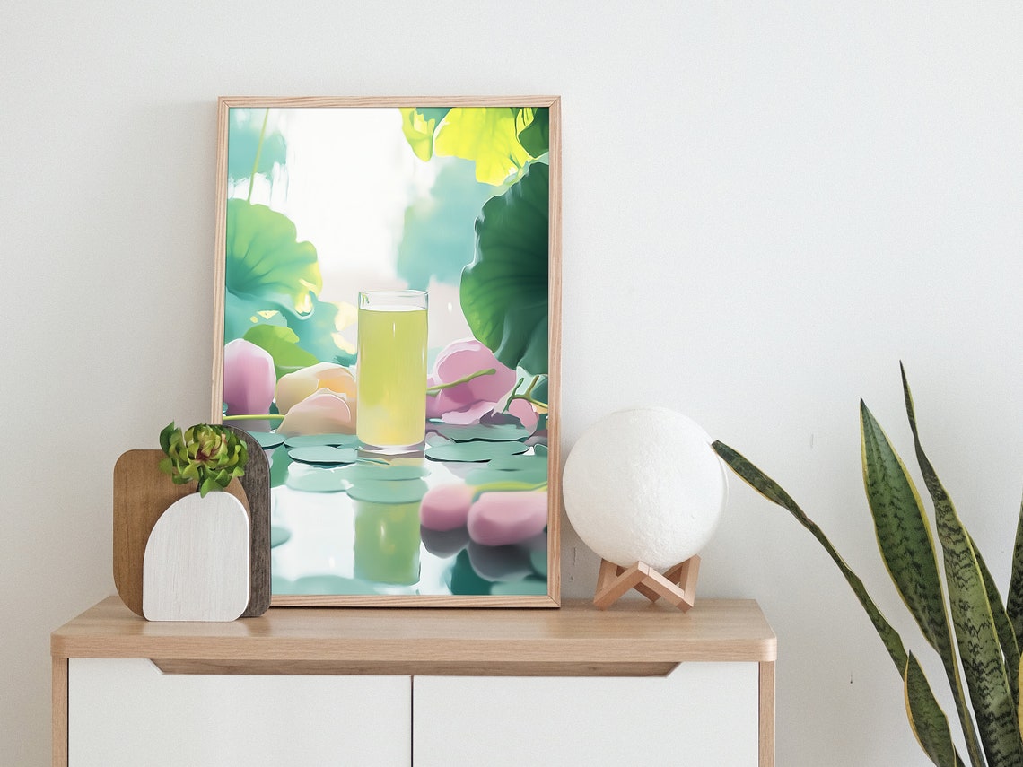 Lemon Juice Glass Among Lotus Flowers Pastel Watercolor Kitchen Poster - Image 2