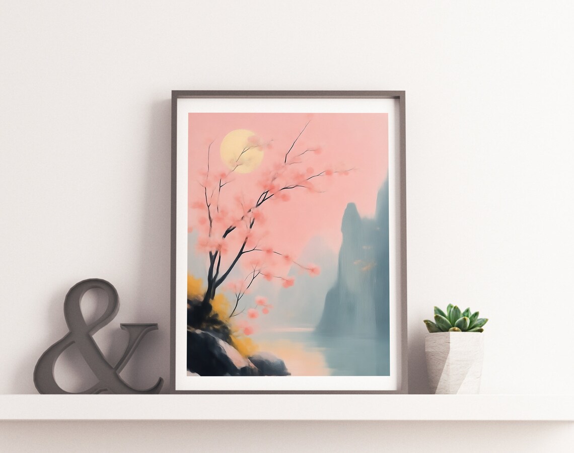 Cherry Blossom Lake with Pink Moon Misty Mountain Landscape Art Poster - Image 2