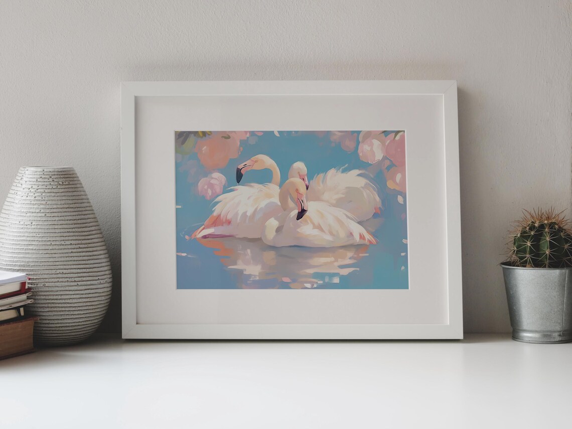 Three White Flamingos Turquoise Water Soft Pink Blossoms Tropical Bird Poster - Image 4