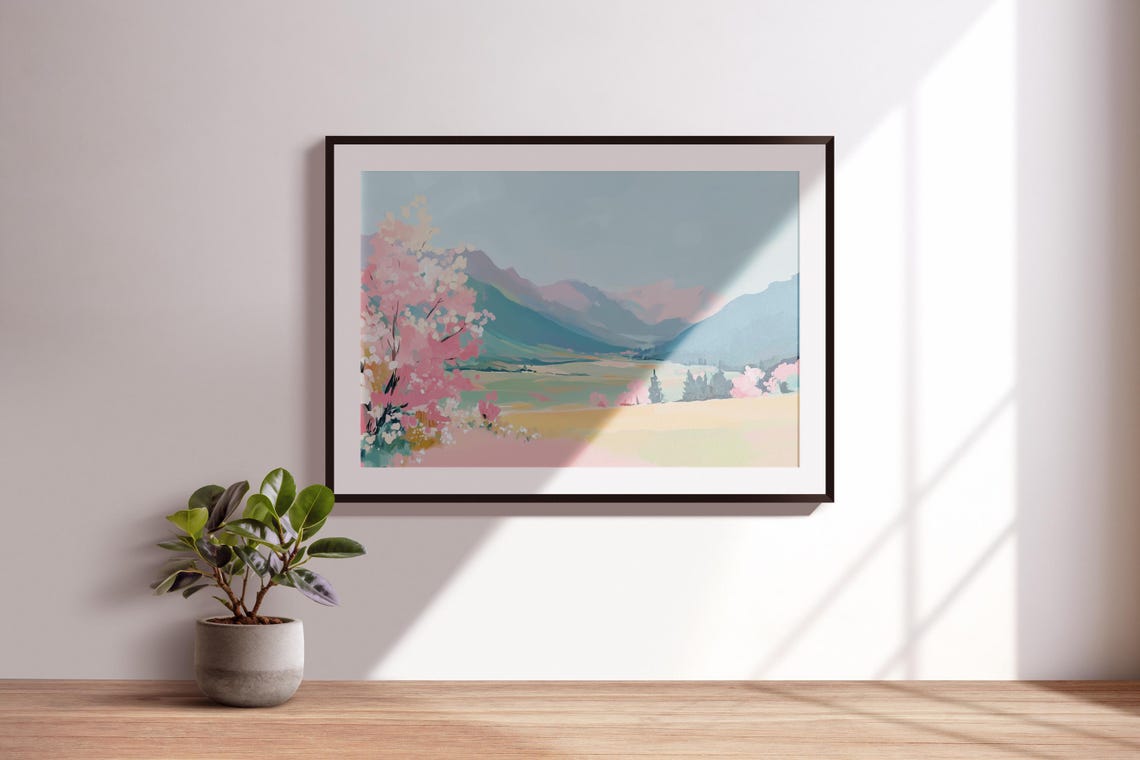 Spring Mountain Valley With Pink Blossom Trees Pastel Landscape Poster - Image 3