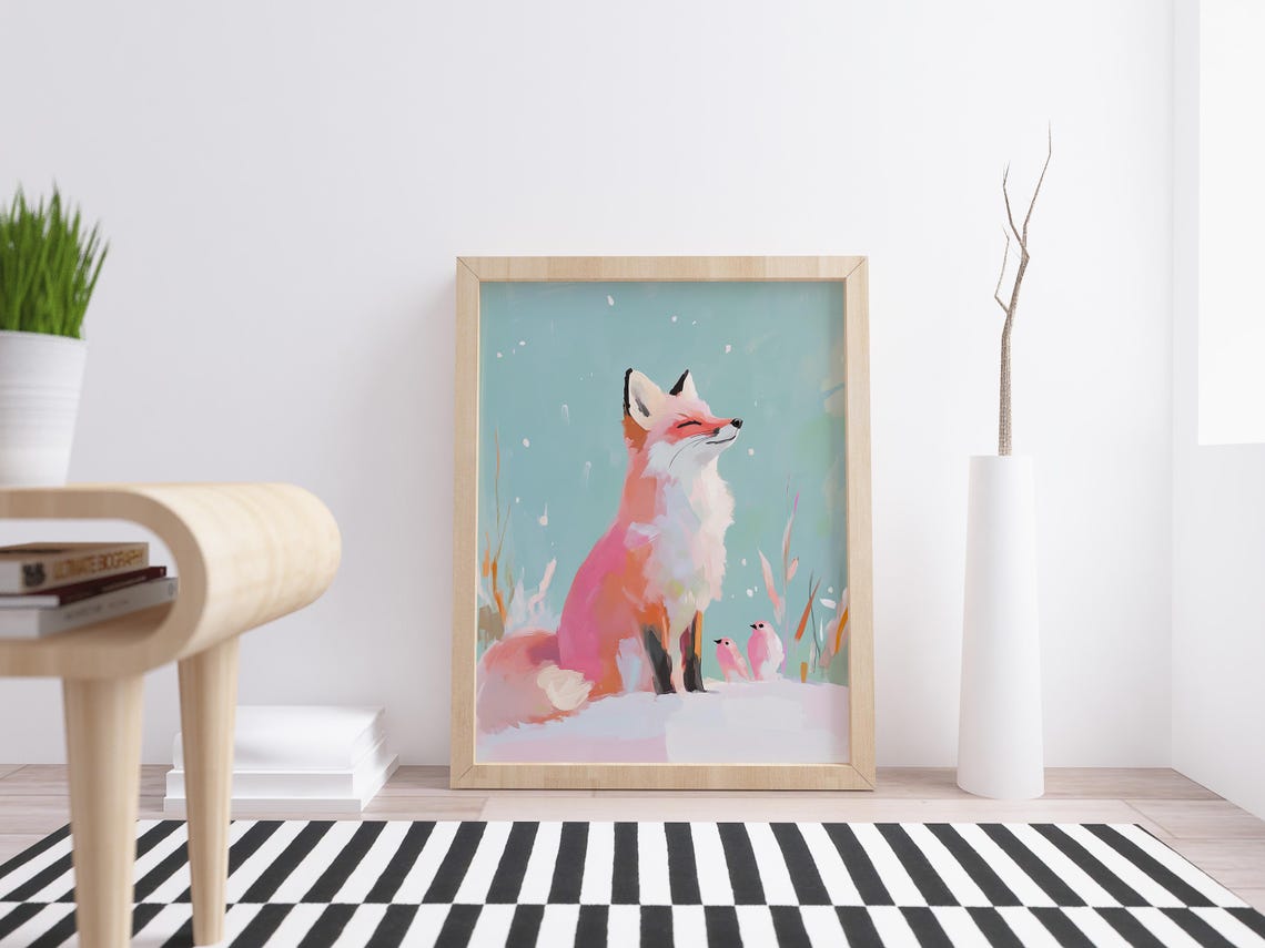 Cute Fox With Birds Print Pastel Fox Art Fox With Stars Winter Fox Art Fox In Snowflakes Wall Art Starry Night Fox Bird On Fox Art - Image 2