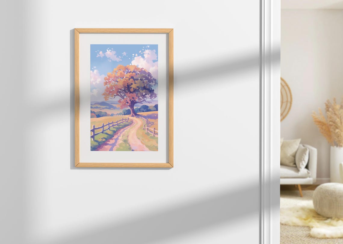 Charming Landscape Tree Art Footpath Fence Print Watercolor Rustic Tree Decor Peaceful Footpath Art Wall Art Prints - Image 2