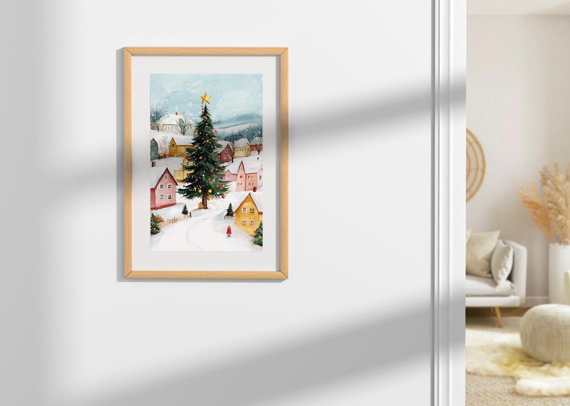Christmas Village Print Winter Village Tree Winter Village Art Snowy Village Art Snow Covered Village Print Cozy Winter Village Print - Image 4