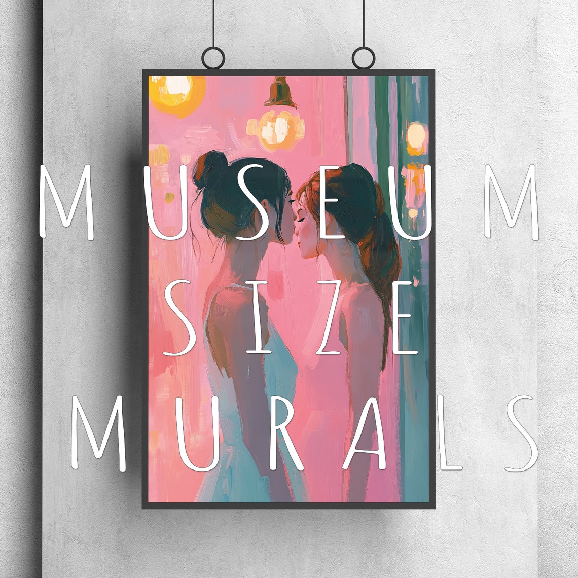 Two Women Kissing Pink Cafe Lights Romantic Pastel Art Print - Image 3