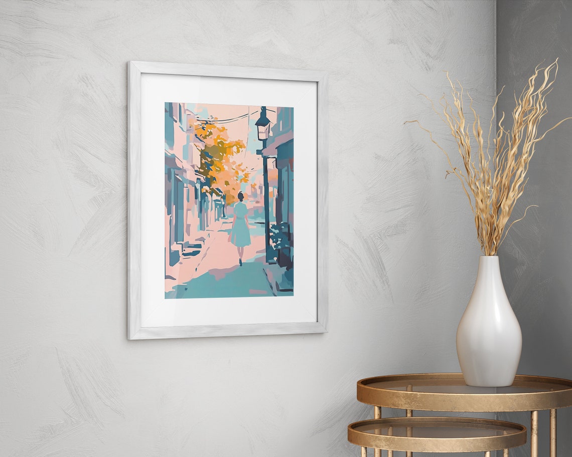 Pastel Stroll Lady On Alley Art City Girl Print Feminine Wall Art Elegant Lady Beautiful Lady Light Pink Painting Parisian Wall Art - Image 4