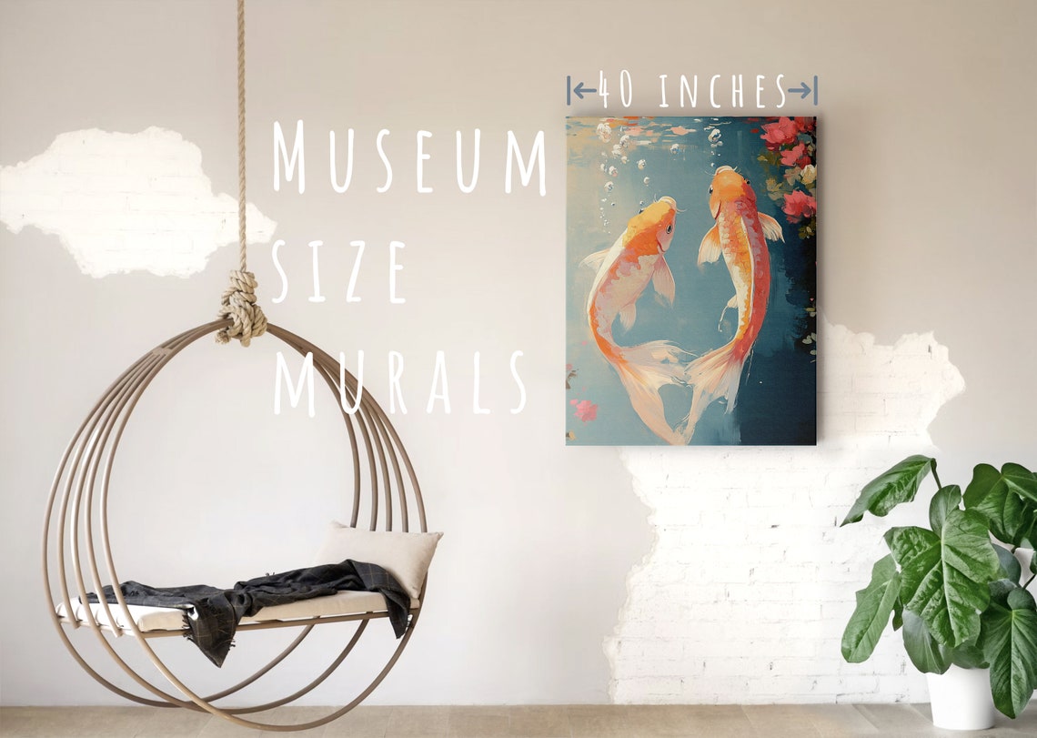 Peaceful Orange Koi Fish Pair Swimming Pastel Teal Pond Print - Image 5