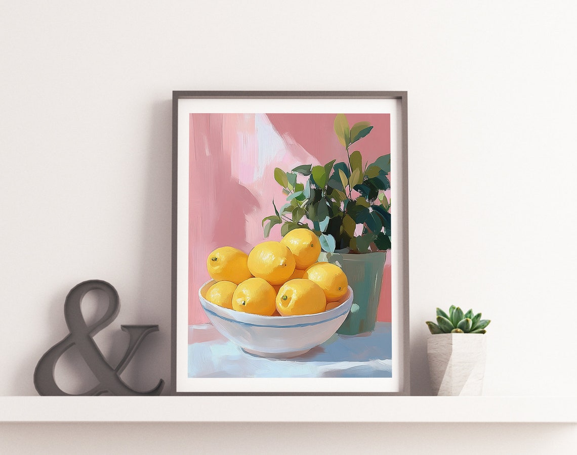 Bright Yellow Lemons In White Bowl Beside Potted Lemon Plant Print - Image 2