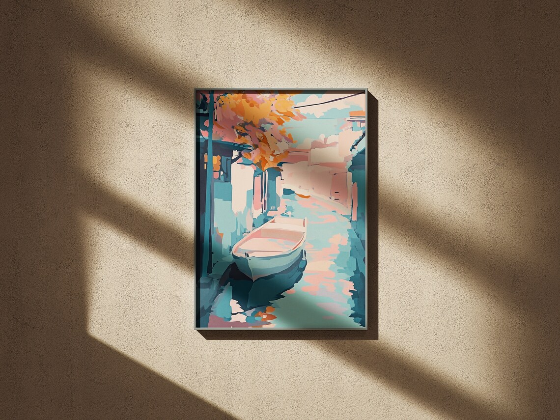 Pastels Canal Lake Life Art Village Painting Amsterdam Painting Canal Bridge Artwork Venice Painting Boat Lake Artwork Canoe Artwork - Image 2