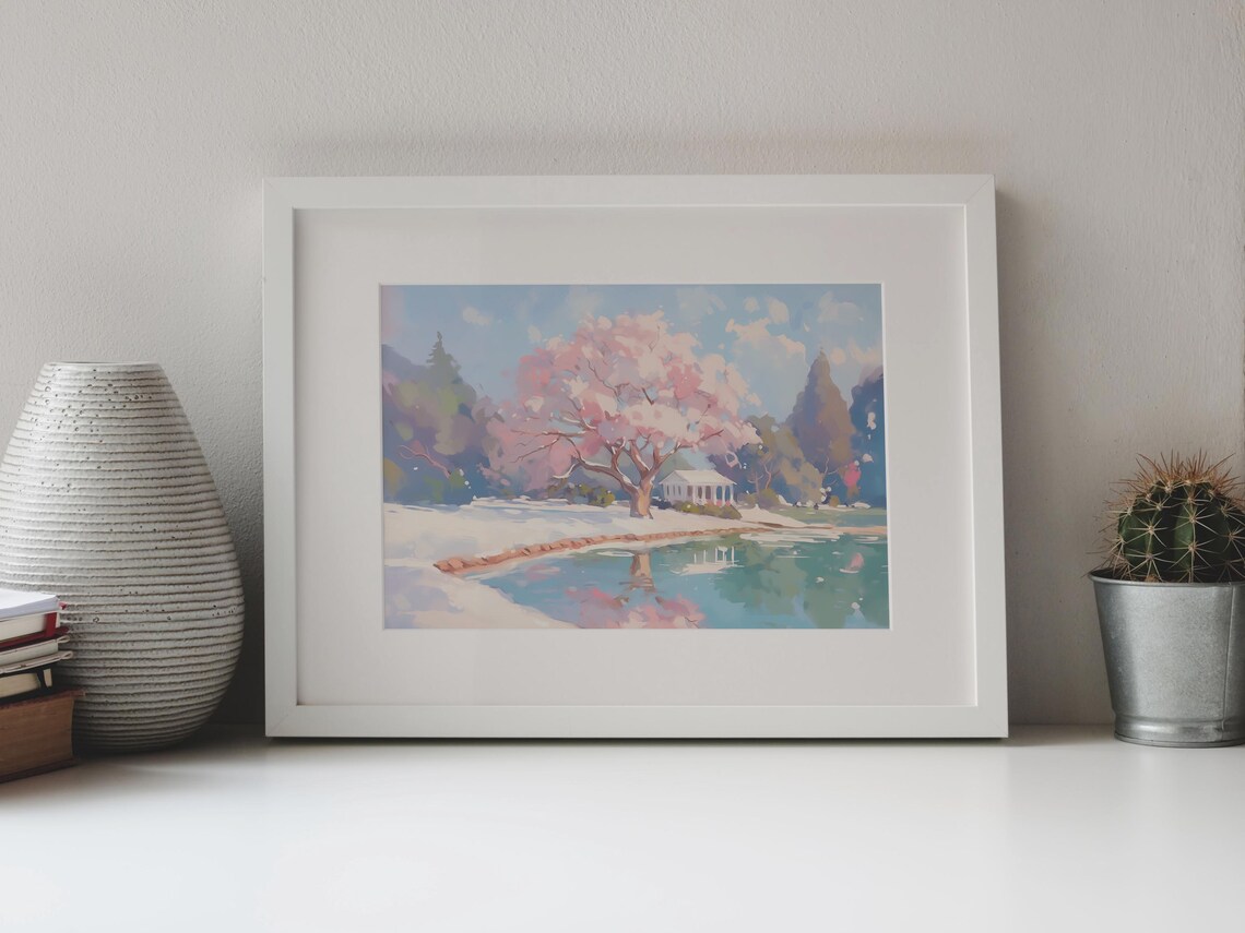 Cherry Blossom Tree Lake Reflection White Gazebo Snow Spring Landscape Poster - Image 4