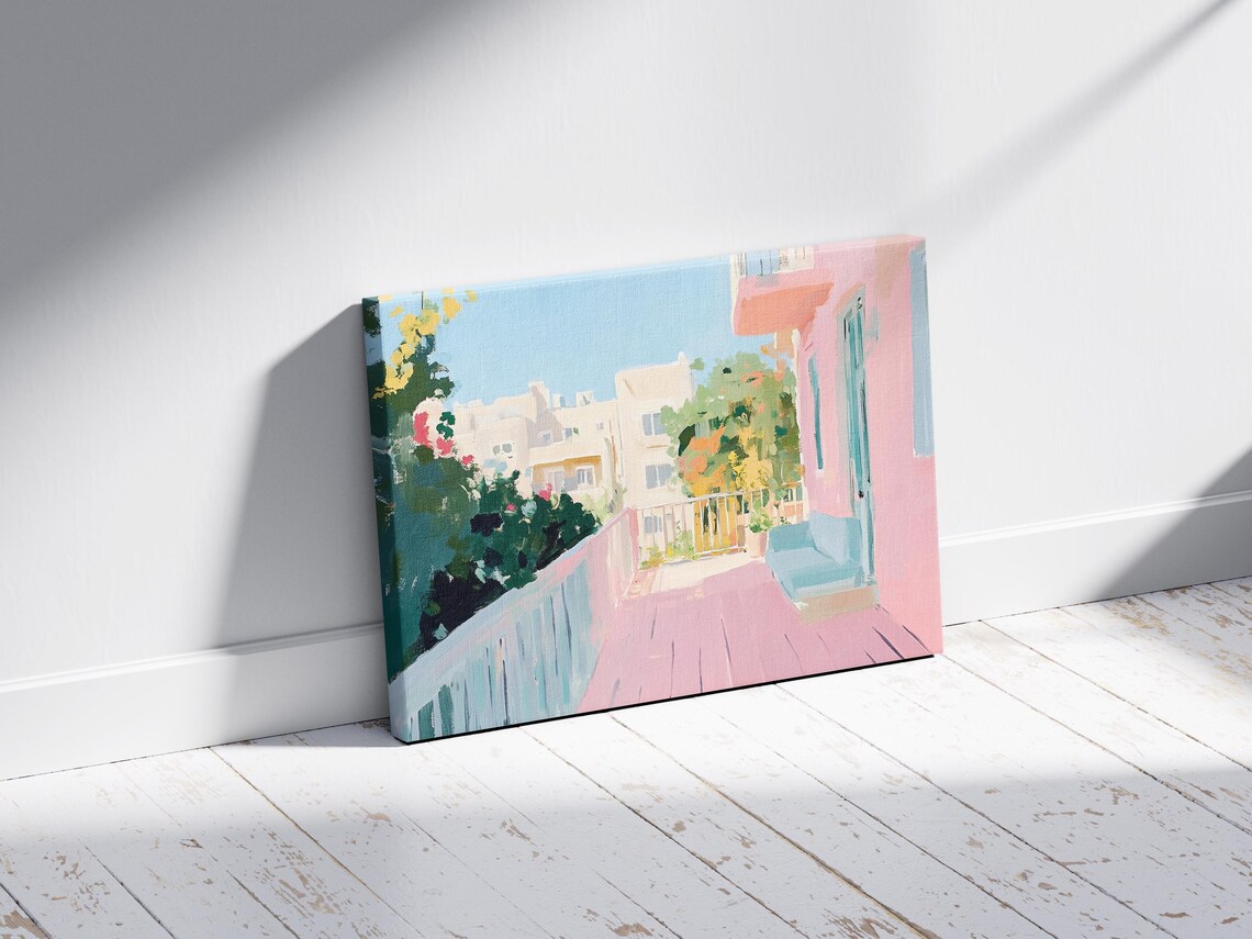 Pink Balcony Terrace Overlooking Sunny City Buildings Pastel View Poster - Image 2