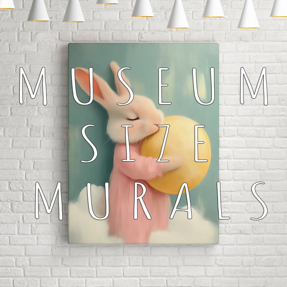 Cute White Bunny Hugging Yellow Ball Soft Pastel Nursery Art Poster - Image 3