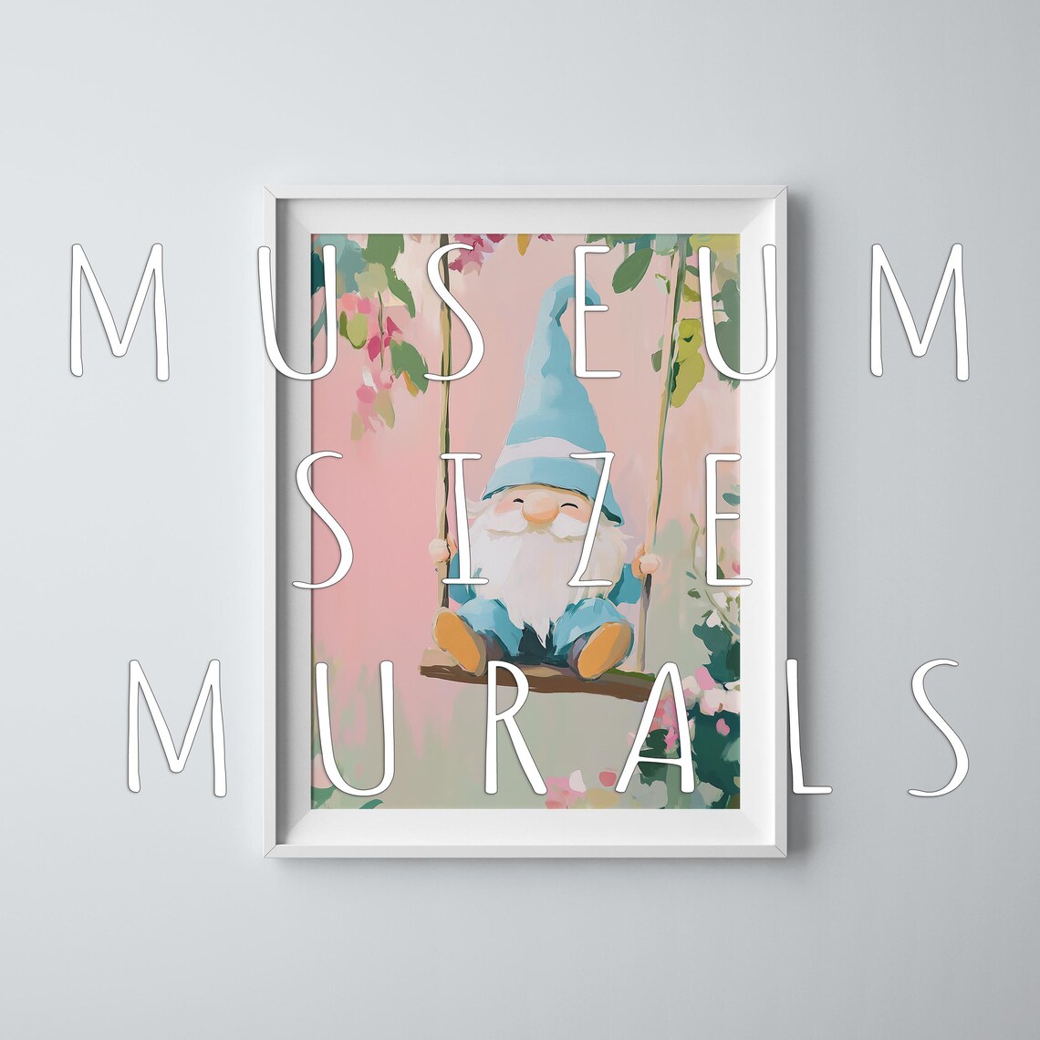 Smiling Garden Gnome On A Swing In Pink Blossom Garden Art Poster - Image 3