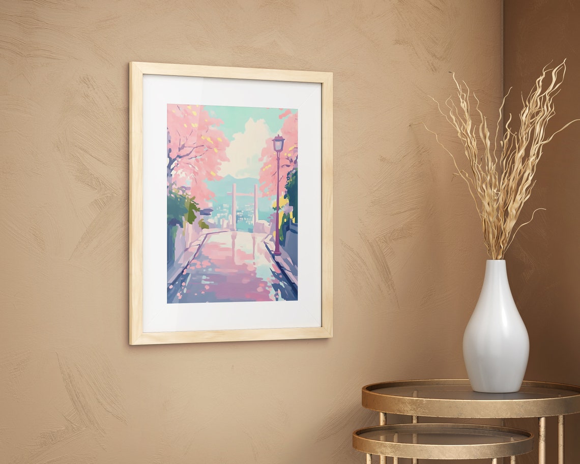 Cherry Blossom Street Leading to Water Vintage Lamp Art Poster - Image 2
