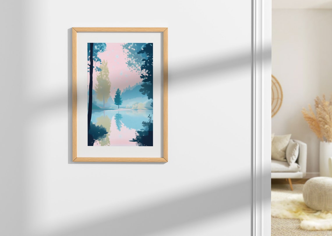 Misty Blue Forest Lake at Dawn Pastel Nature Landscape Wall Art Poster - Image 4