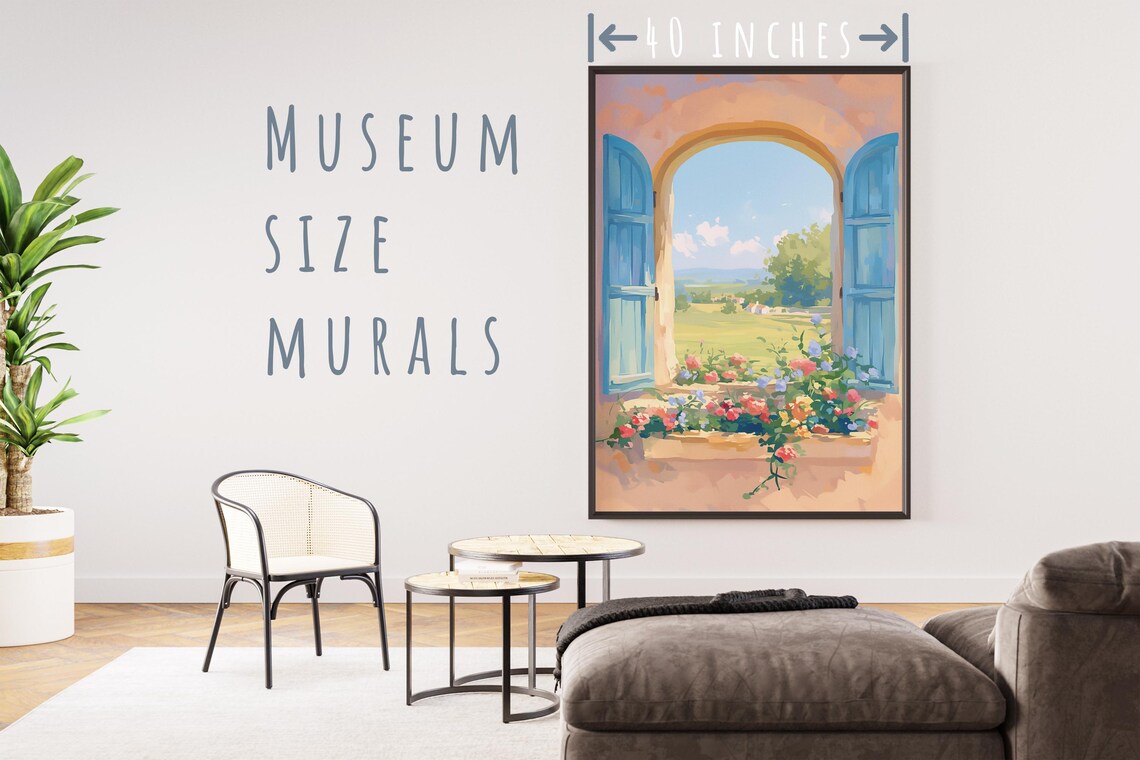 Open Arched Window Blue Shutters Flower Boxes Sunny Countryside View Wall Art - Image 5