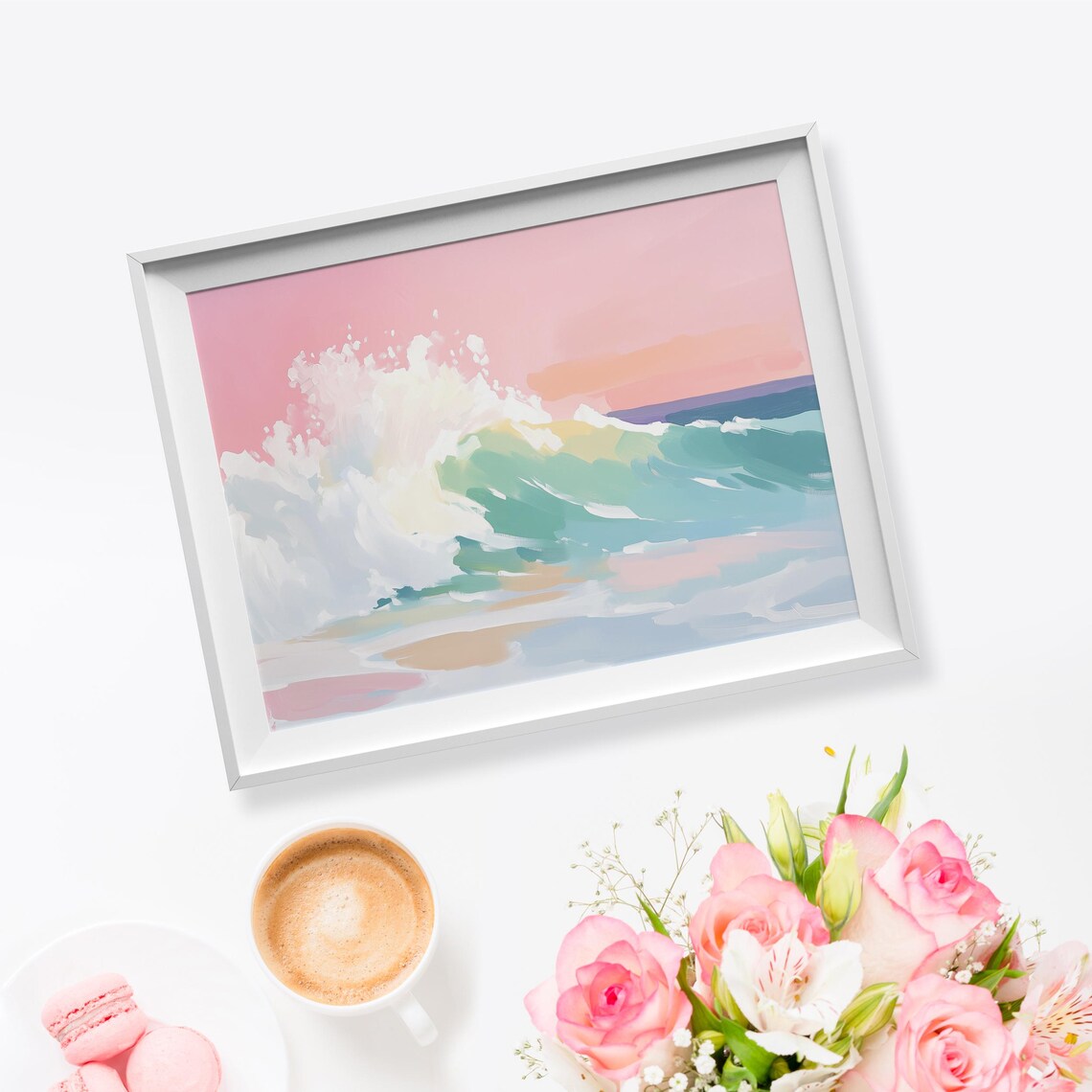 Pastel Ocean Wave Crashing On Beach Pink Sunset Sky Coastal Painting Poster - Image 5