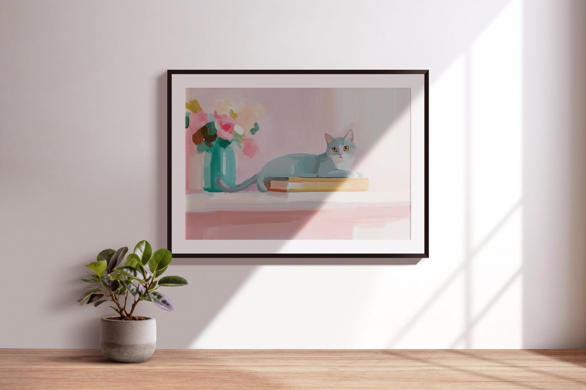 Gray Cat Lounging On Books Library Cat Portrait Pastel Wall Art - Image 3