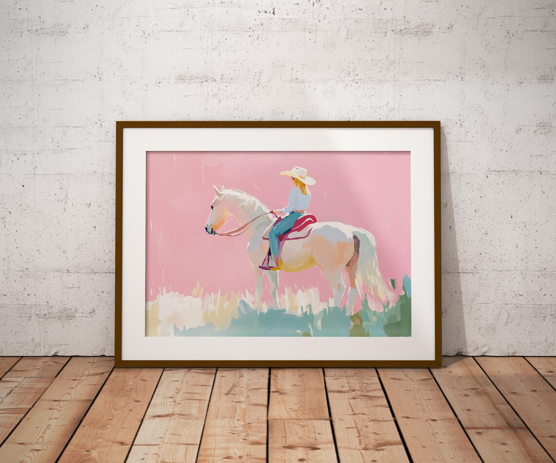 Cowgirl Riding White Horse Pink Pastel Western Equestrian Art Poster - Image 5