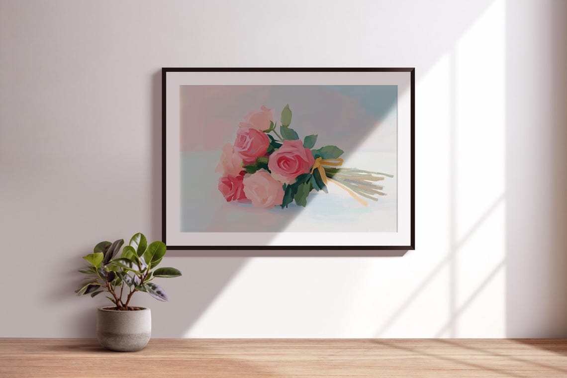 Pink Rose Bouquet Yellow Ribbon Pastel Romantic Wall Art Print - Image 2