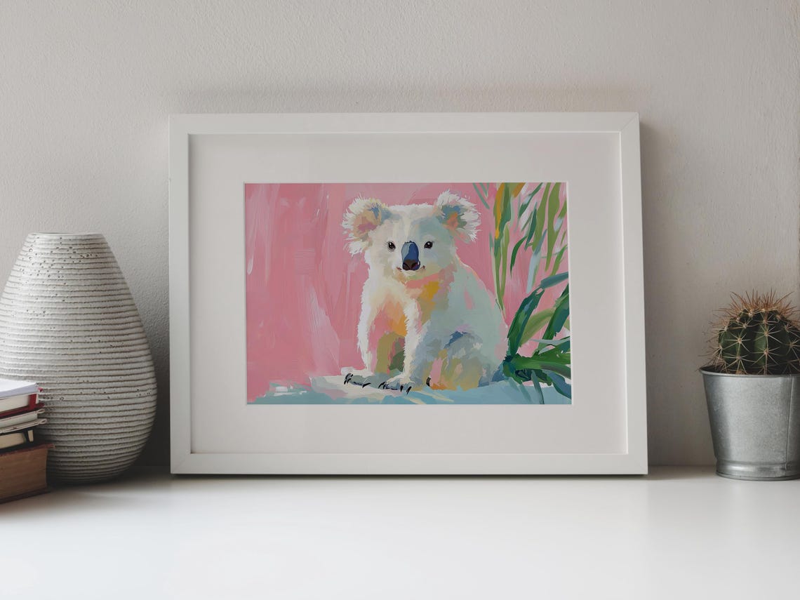 Cute White Koala Portrait Pink Background Eucalyptus Art Poster - Image 4