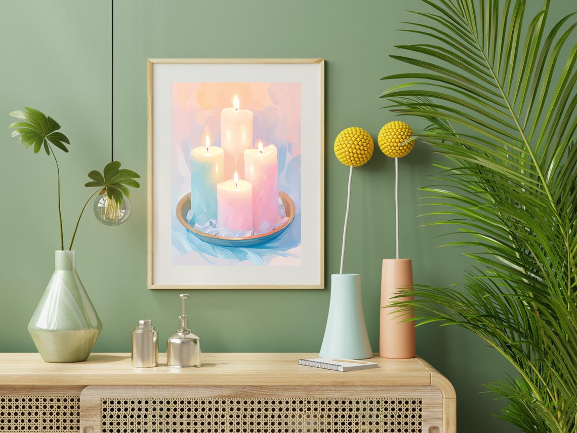 Four Lit Pastel Pillar Candles On A Gold Tray Cozy Glow Art Poster - Image 4