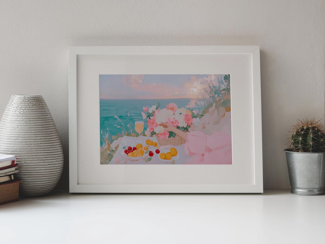 Coastal Picnic Hydrangea Basket Fruit Ocean View Pastel Art Poster - Image 4
