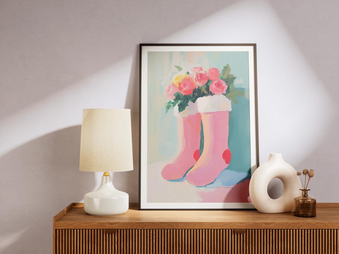 Pink Boots Red Hearts Rose Bouquet Sweet Floral Still Life Poster - Image 4