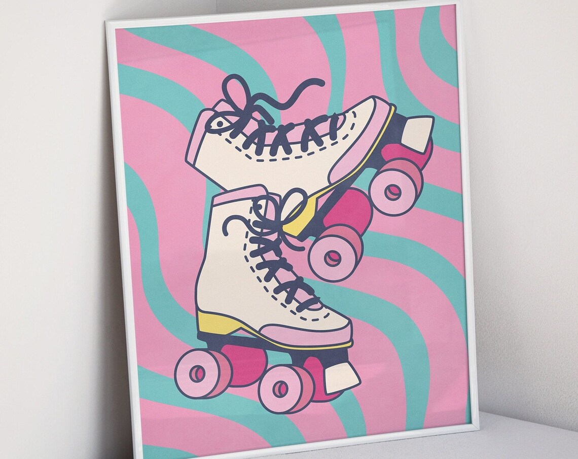 Retro Roller Skates Illustration on Pink and Teal Swirl Poster - Image 3