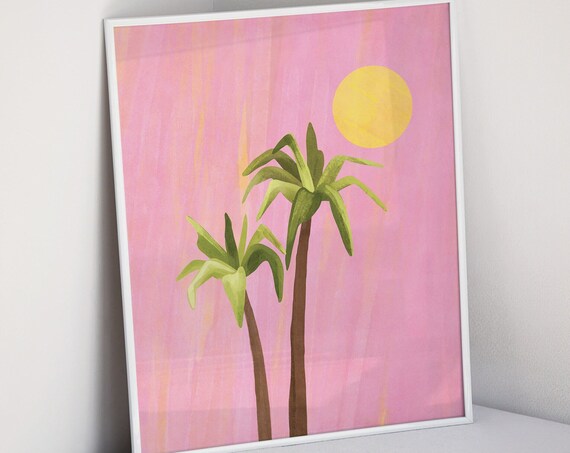 Palm Tree Wall Art Pink Wall Decor Sun Palm Tree Print Pink Preppy Wall Art Pink Poster Aesthetic Trendy Wall Prints