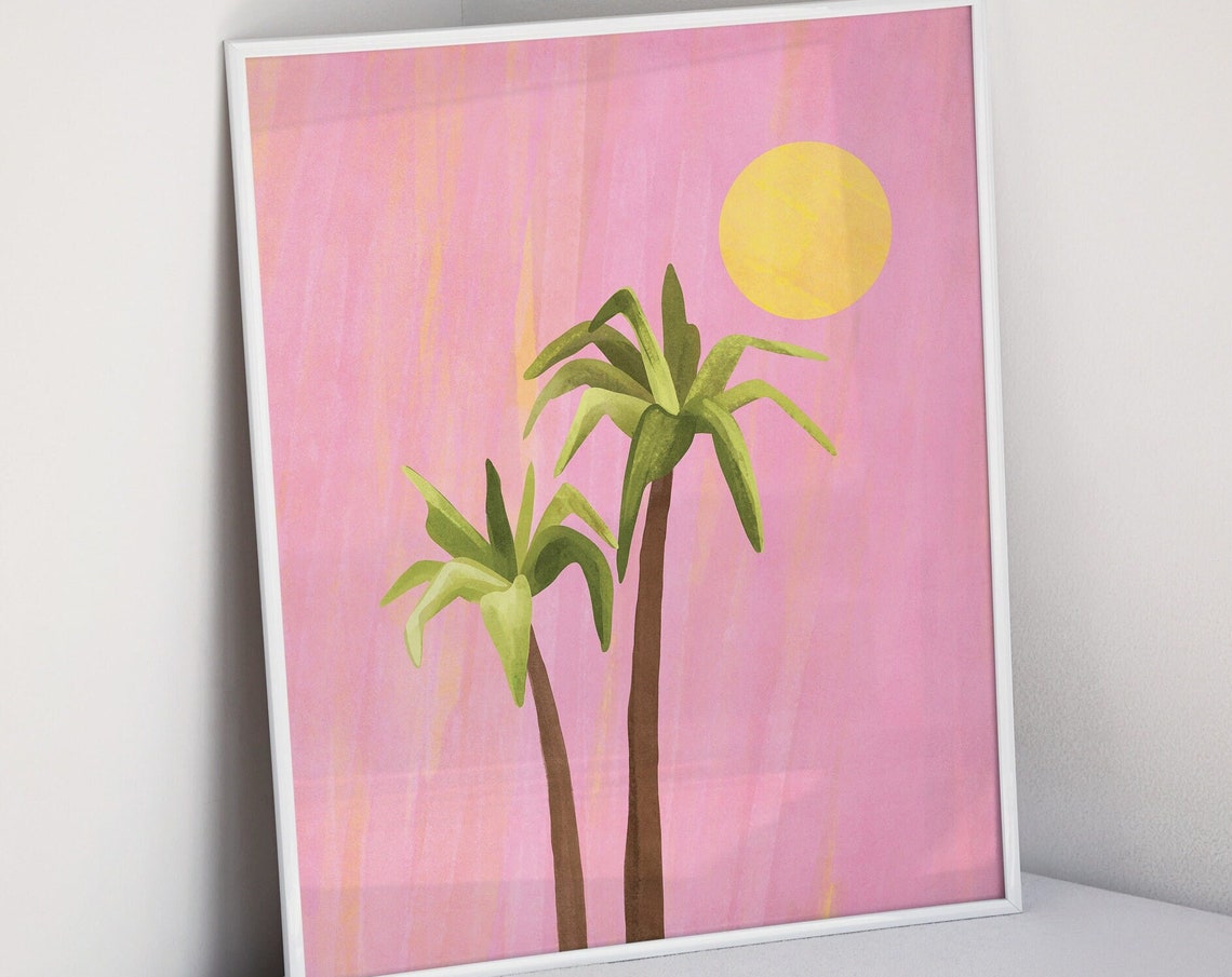 Pink Sunset Palm Trees Trendy Tropical Beach Preppy Art Print