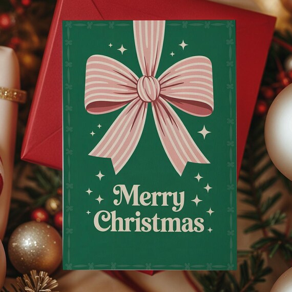 Merry Christmas Pink Striped Bow Festive Green Holiday Card Print